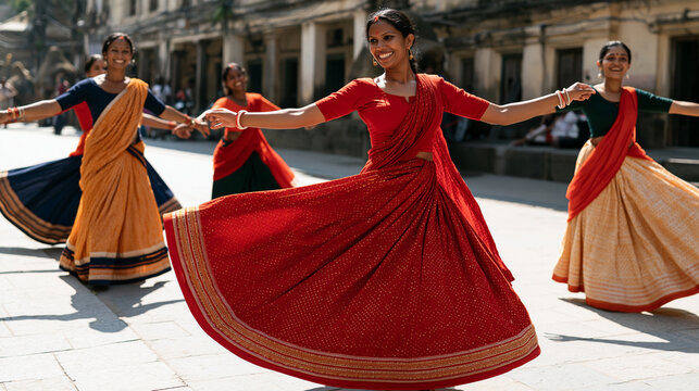 Group of Indian women dancing joyfully through a traditional street wearing colorful regional clothing, flowing fabrics, expressive movements, cultural celebration, folk dance,