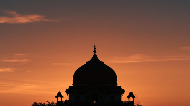 Silhouette of an ancient Indian temple against a dramatic orange and purple sunset sky, peaceful atmosphere, spiritual travel, Indian heritage, sacred architecture, cultural