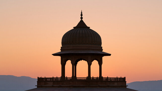 Silhouette of an ancient Indian temple against a dramatic orange and purple sunset sky, peaceful atmosphere, spiritual travel, Indian heritage, sacred architecture, cultural