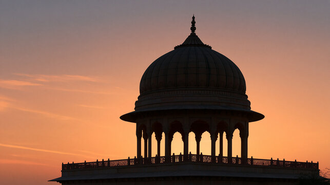 Silhouette of an ancient Indian temple against a dramatic orange and purple sunset sky, peaceful atmosphere, spiritual travel, Indian heritage, sacred architecture, cultural