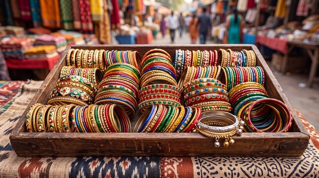 Colorful traditional indian bangles displayed in a wooden tray
