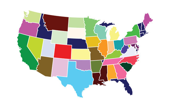 Colorful USA Map: A vibrant illustration depicting the contiguous United States, with each state uniquely colored to represent a distinct region or demographic, presented against a clean backdrop.