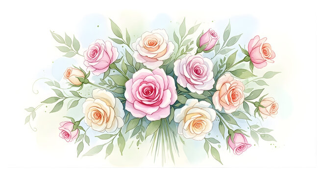 Watercolor roses and leaves arrangement isolated on transparent background