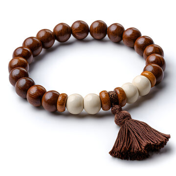Wooden bead bracelet with white accent beads and a decorative purple fabric tassel