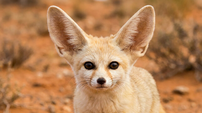 Cute fennec fox with large ears looking at the camera in the desert