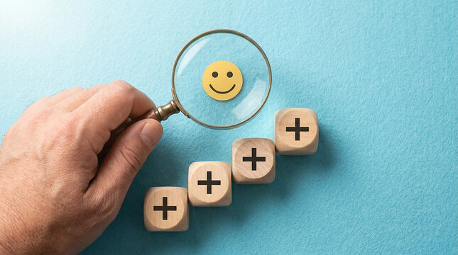 Hand holding a magnifying glass over a happy smiley face icon with wooden plus signs in a row
