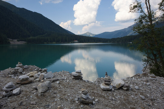 Beautiful lake in the Antholz Valley in South Tyrol, Italy.
