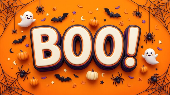 A cheerful halloween greeting displays the word boo with friendly ghosts spooky bats and delicate spiderwebs on a vibrant orange backdrop