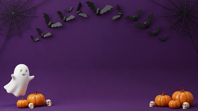 A delightfully spooky halloween scene features a friendly ghost with pumpkins bats and a dark purple background perfect for festive designs