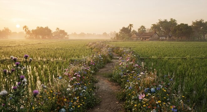 Wildflower path through rural rice fields at sunrise