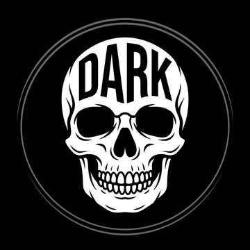 Dark skull emblem, gothic human cranium, black and white horror logo