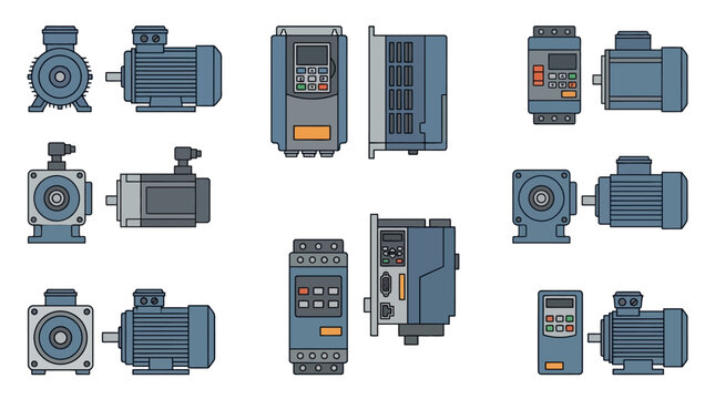 Industrial motor equipment icon set featuring electric motors, variable frequency drives, motor controllers, cooling components and industrial drive systems for machinery and manufacturing.