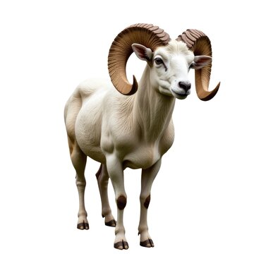 A ram with distinctive horns stands out against a clean white background