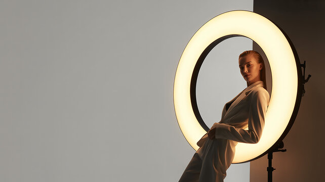 Elegant Portrait with Ring Light: A stylish woman stands confidently in front of a large illuminated ring light, her pose exuding sophistication and artistic flair.