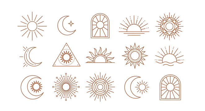 Celestial sun and moon line illustrations minimalist style