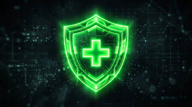Glowing green digital shield icon representing cybersecurity and medical data protection.