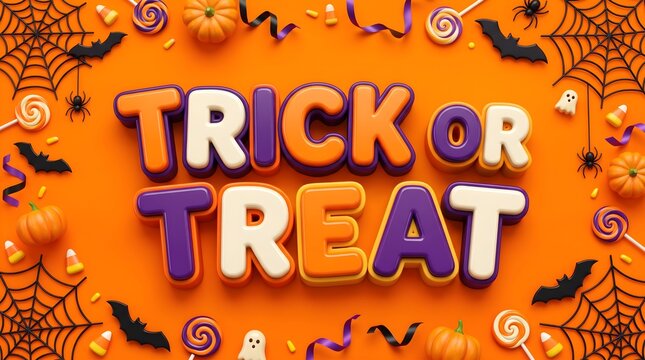 A vibrant trick or treat halloween message is playfully framed by sweet candy corn and delightful paper bats on a bright orange

