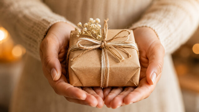 Hands holding a small rustic gift box wrapped in brown paper with twine and dried flowers.