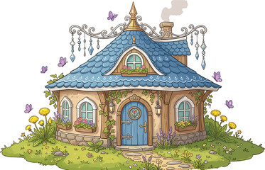 Obraz premium Whimsical Fairytale Fantasy Cottage Vector Design Featuring Ornate Blue Roof Magical Crystals Flying Butterflies and Dandelion Garden Flower Details