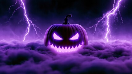 Fototapeta premium Glowing jack o lantern with purple eyes and jagged smile rises from fog as lightning strikes a dark Halloween scene.