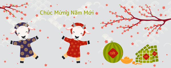 Fototapeta premium 2027 Lunar New Year Tet cute goats, rice cakes, watermelon, gold, peach blossoms, Vietnamese text Happy New Year. Hand drawn flat vector illustration. Holiday design, card, banner. Cartoon character