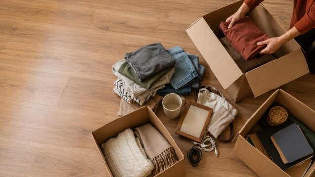 Individual organizing home clutter by folding clothes and placing them into cardboard boxes on a wooden floor, with additional items scattered around for sorting