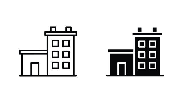 Commercial building with side wing icon set in outline and solid black for business websites
