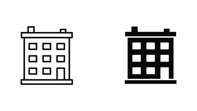 Three story building with roof detail icon set in outline and solid black for property design