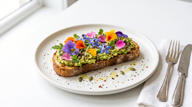 Avocado toast topped with edible flowers on a plate for a healthy gourmet breakfast.