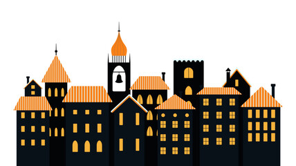 Fototapeta premium Town, city houses at night with glowing windows illustration isolated. Modern and historic buildings, architecture, winter cityscape. Festive design element, vector clip art