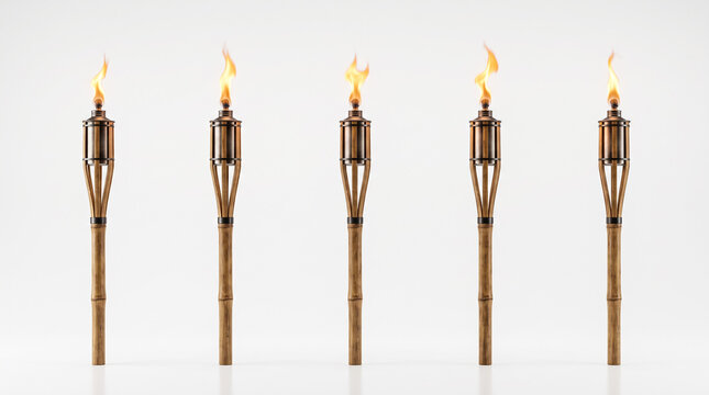 Five burning bamboo tiki torches in a row isolated on a white background