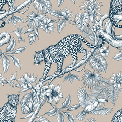 Fototapeta premium Seamless vector pattern with leopard among tropical plants. Vintage engraving style illustration.