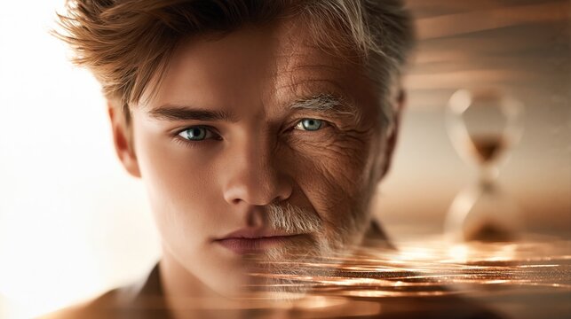 Face split portrait of young and old man with hourglass and warm neutral background, showing age contrast and the passage of time.