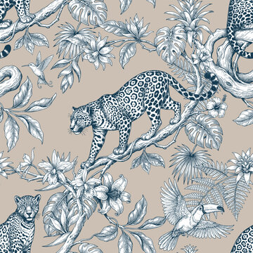 Seamless vector pattern with leopard among tropical plants. Vintage engraving style illustration.