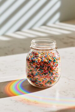 Glass jar filled with colorful sprinkles on a marble countertop with rainbow light shadows and sunlit window stripes.