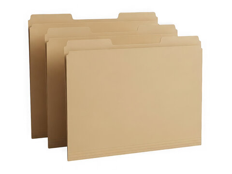 Three brown paper office file folders for document storage isolated on transparent background