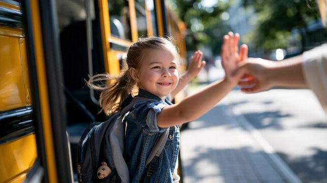 Cropped girl stepping off a bright yellow school bus and reaching both arms toward a caregiver waiting on the sidewalk a small stuffed animal peeking from her open backpack first day