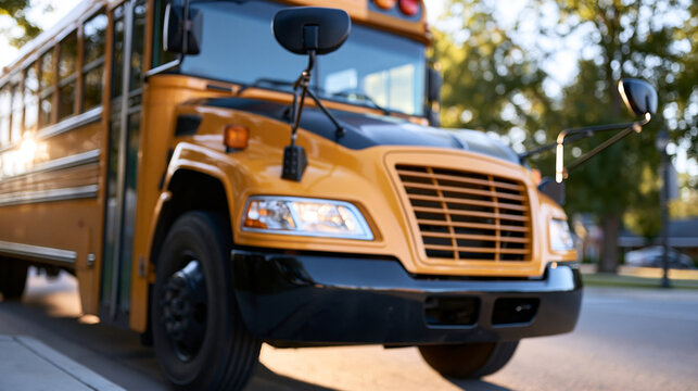 Bright yellow school bus front view with a clean black bumper and grille catching soft morning sunlight transportation concept outdoor with copy space