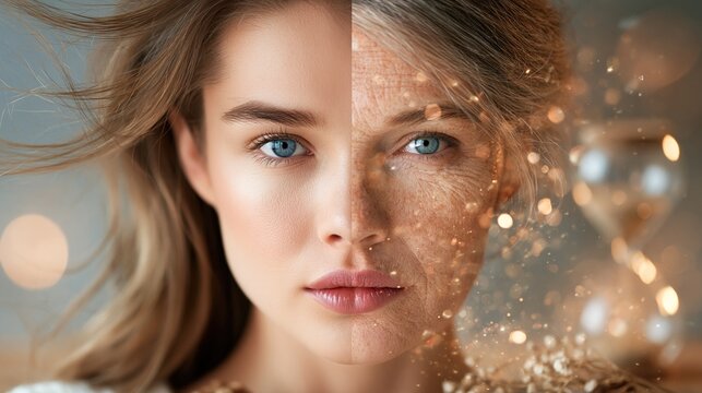 Woman face split portrait showing youthful smooth skin and aging wrinkles with blue eyes, flowing hair, and shimmering bokeh background.