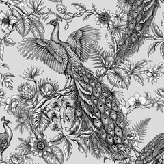 Fototapeta premium Seamless vector pattern with peacocks among tropical plants. Vintage engraving style illustration.