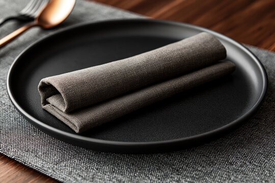 Linen napkin folded on a matte black plate with a woven placemat and wooden table setting for minimalist dining and restaurant table styling.