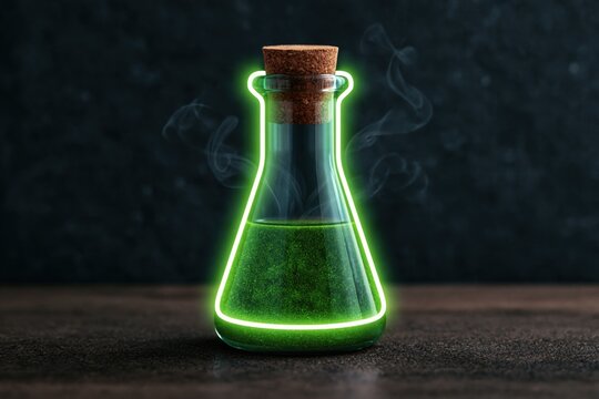 Glowing beaker with neon green liquid and cork stopper sits against a dark background with faint vapor trails and a science lab feel.