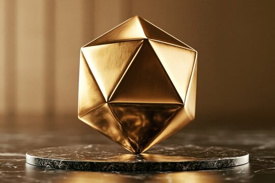 Gold geometric polyhedron resting on a dark marble slab with warm reflections and a refined luxury finance aesthetic.