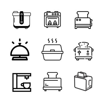 Set of kitchen appliance icons including toaster and coffee maker in minimalist black line style on transparent background PNG.