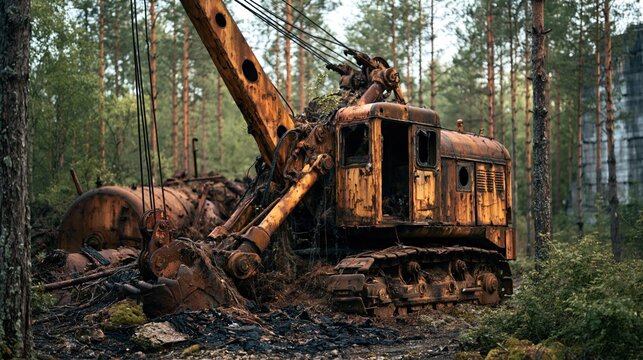 Rusting excavator in a pine forest with overgrown vegetation, damaged cab, and abandoned industrial debris, showing long-term decay and environmental recovery.