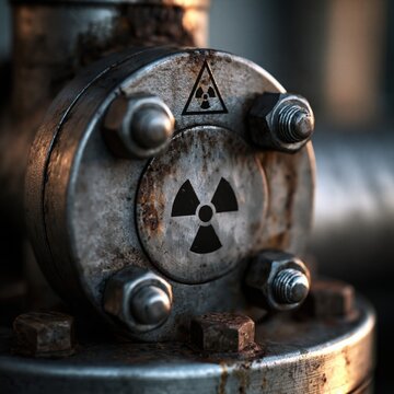 Radiation symbol on a rusty metal flange with bolts and industrial pipe details in a close up macro view.