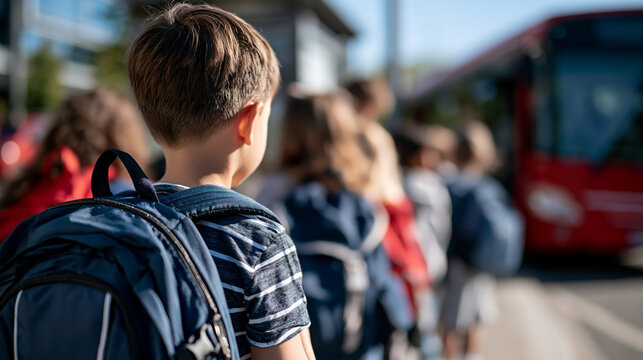 Rear view of schoolboy waiting in line for a bright red school bus with classmates during the morning commute backpacks of every color lined up along the curb back to school concept