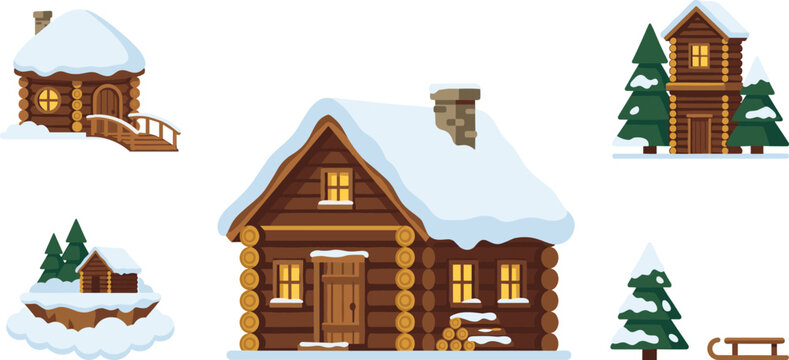 Winter Log Cabin and Snowy Wooden House Vector Set with Pine Trees Sled and Cosy Forest Cottage for Holiday Game Asset Graphic Designs