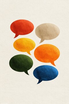 Speech bubbles in red beige yellow orange green and blue on textured paper for communication discussion language learning and poster design.