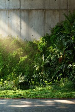 Concrete wall with a dense moss garden and tropical plants growing along it in soft morning sunlight, creating a green architectural backdrop.